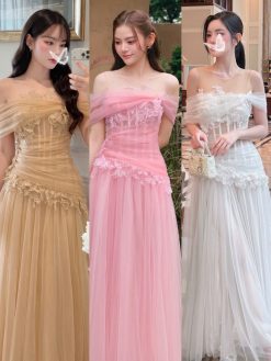 🌸 Váy Đầm Dạ Hội Vai Buông Màu Hồng Phấn 