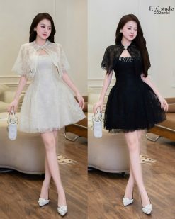 Bộ Váy Ngắn Kèm Choàng — Kem & Đen Yêu Thương PIG 030