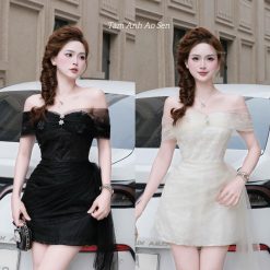 Váy Ren Phối Lưới Trễ Vai Kèm Tag Đá — Tỏa Sáng Mọi Góc Nhìn TA016