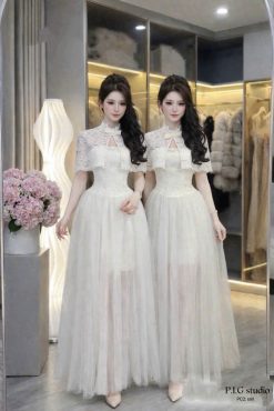 Bộ Váy Ren Kèm Choàng — 2 Lớp Mút Ngực Đen Trắng Xinh PIG024