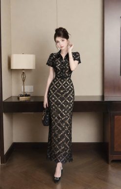 Váy Dài Cheongsam Ren Cổ Kiểu — Hoài Cổ Quyến Rũ NN0016
