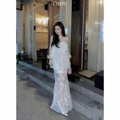 Váy Maxi Quây Hồ Điệp — Nét Đài Cát Màu Be Ánh Xanh CHST003