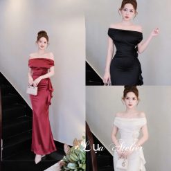 Váy Lụa Trễ Vai 2 Hoa — Nữ Tính Duyên Dáng  AL007