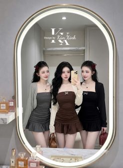 Set Váy Xoắn Eo Nơ Nhỏ Kèm Áo Khoác Tay Dài — 3 Màu Xám/Nâu/Đen KUX0023