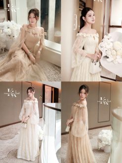 Váy Tiệc Ren Trẻ Vai Đính Nơ KUX0016