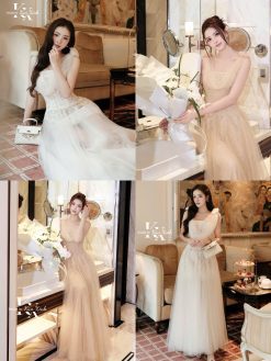 Váy Tiệc Ren Kim Sa Xỏ Gọng Kèm Hoa Trà  KUX0015