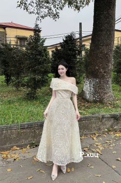 Váy Ren Lệch Vai Đính Hoa — Xinh Như Nữ Thần Đi Tiệc & Ăn Cưới PX018