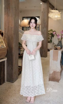 Váy Dài Vai Trễ Hoa Nổi — Nét Nữ Tính Thanh Lịch Vượt Thời Gian PX010