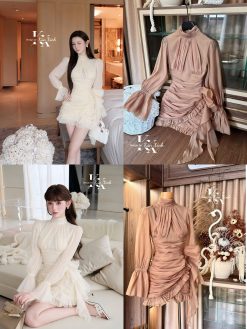 Váy Tơ Xếp Lì Bèo Tay Dài Nữ Tính KUX0014