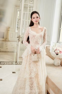 Đầm V1777 — Ren Cup Tay Dài Loe Dài 2 Màu Kem & Xanh Thanh Lịch Nữ Tính CH029