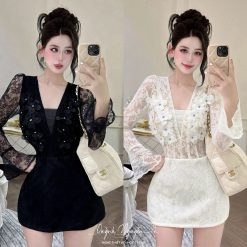 Đầm Ren Hoa Ngực Tay Lở — 2 Màu Đen/Kem  QNHM0036