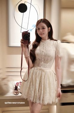 Váy Ren 2 Lớp Nơ Eo — Đi Tiệc Nhẹ Nhàng Mà Sang, Màu Kem QNS019