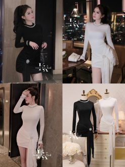Váy Body Khâu Đá Kèm Tag Cài Bạc — 2 Màu Trắng Ngày/Đen KUX008