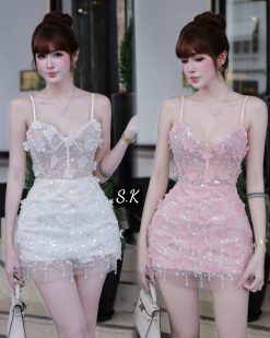 Đầm 2 Dây Kim Sa Đính Hoa Cườm Sang Chảnh — 2 Màu Trắng/Hồng, SKDB016