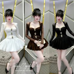 Đầm Ren Phối Lưới Tay Dài — 3 Màu Đen/Nâu/Trắng  QNHM0031