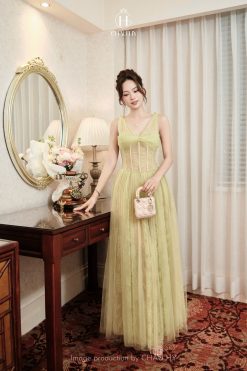 Đầm V1881 — Ren Lưới Alya Dài Xanh Bơ Thanh Lịch Nhẹ Nhàng CH021
