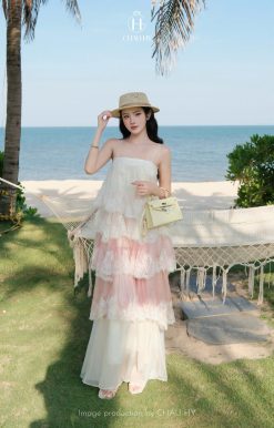 Đầm Maxi V1838 — Pha Màu Hồng Kem Nhiều Tầng Bồng Bềnh Nhẹ Nhàng CH019