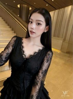 Váy Ren Cổ V Nơ Eo Tầng —  Nét Đẹp Công Chúa Quyến Rũ MTNH009