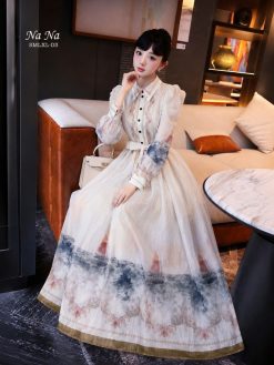 Váy Dài In Họa Tiết Viền Sơn Nước — Nét Đẹp Như Tranh, Thanh Lịch Hoài Cổ Kem NN003
