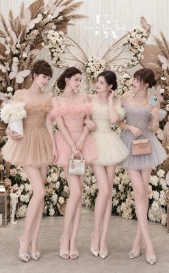 Váy Trẻ Vai Bèo Khâu Đá Có Gông Kèm Quần Rời — 4 Màu Kem/Hồng/Ghi/Nâu KUX005