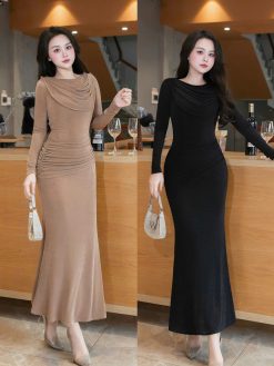 Váy Nhún Cổ Đổ Dài Tay Dáng D body Quyến Rũ — 2 Màu Đen/Nâu, Size S/M/L  TSTK0020