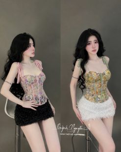 Set Áo Cup Hoa Hai Dây — 2 Phối Chân Váy Lông  QNHM008