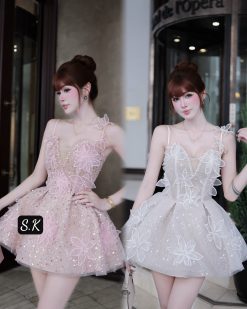 Váy 2 Dây Kim Sa Kết Hoa Ngọc Thù Cồng — 2 Màu Hồng/Trắng, SKDB009