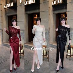 Váy Ren Tay Dài Lệch Vai Phối Chân Lụa CVTK003