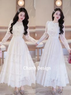 Váy Tơ Tay Dài Chân Ren Xinh — Màu Trắng Thanh Lịch CVTK002