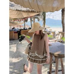 Set Áo Chấm Bi Chân Váy Linen Nâu Viền Trắng   TSTK0018