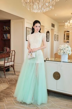 Đầm Mino — Ren Kết Hoa Kem Xanh Ngọc Dài Hai Tầng Thanh Lịch Nhẹ Nhàng CH013