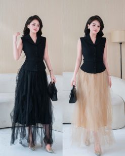 Set Áo Véc Sát Nách Chân Váy Bèo Lưới — 2 Màu Đen/Da,  TSTK0014