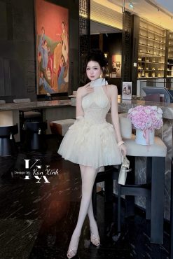 Váy Tiệc Tết Hoa Đính Pha Lê — Màu Trắng Ngà Công Chúa KUX003