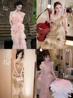 Đầm Tơ Hoa Lệch Vai Xếp Tầng — 2 Màu Hồng Phấn/Kem Vàng KUX002