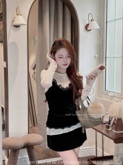Set Áo Lót Ren Trắng & Váy Vai Đeo Nhung Đen NT029