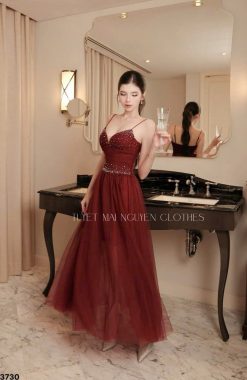 Váy Dây Lưới Đính Đá Dáng Dài Nữ Tính — 2 Màu Đỏ Rượu/Kem Ngà,   TSTK0012