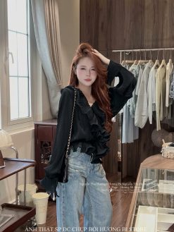 Áo Tay Dài Rèm Nếp Vai Trễ Nữ Tính Thanh Lịch NT044