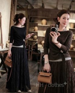 Áo Hai Lớp + Váy Dài Nhăn Lấp Lánh Sang Trọng NT035