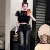 Set Áo Tơ Croptop Chun Eo Viên Bèo Kèm Quần Jeans Ống Chuông Năng Động — Trắng/Đen, Size S/M TMTK0028