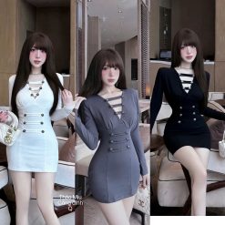 Đầm Body Zip Dây Dãn Nút Vàng Siêu Xinh — Đen/Trắng/Xám, Size S/M  TMTK0027