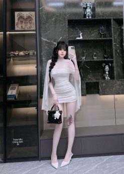 Đầm Body Ren Voan Kèm Choàng Tay Lửng Quyến Rũ — Đen/Trắng, Size S/M TMTK0024