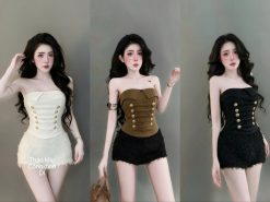 Set Yếm Cổ Trơn Phối Váy Ngắn Nút Vàng Năng Động — 3 Màu Trắng/Nâu/Đen, Size S/M  TMTK0021
