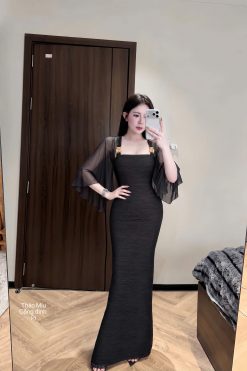 Đầm Dài Body Kèm Choàng Vải Voan Ôm Dáng Sang Trọng — Đen/Kem, Size S/M  TMTK0020