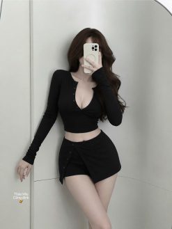 Set Cotton Zip Ôm Body Phối Chân Váy Kiểu Năng Động — Đen/Xám, Size S/M  TMTK0015