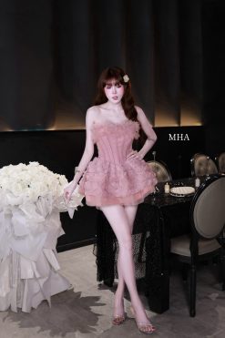 Váy Cúp Ngực Đính Hoa Nổi Dáng Bồng Bềnh — Màu Hồng Phấn,  TSTK002
