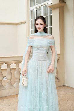 Đầm Monsa Ver 2 V1902B — Dài Vai Trễ Xanh Dương Không Kim Sa Thanh Lịch CH005