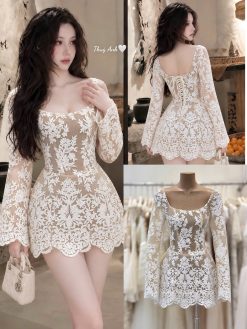 Váy Ren Cổ U Đài Tay Dáng Ngắn Kem Ngà Quyến Rũ — Size S/M  TSTK0031