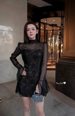 Váy Dây Ren Phối Choàng Tơ Nữ Tính — Trắng Ngà/Đen Tuyền, Size S/M  TSTK0030