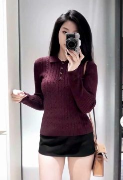 Áo Len Đỏ Rượu Cổ Nút  — Quyến Rũ Tôn Da THOM009